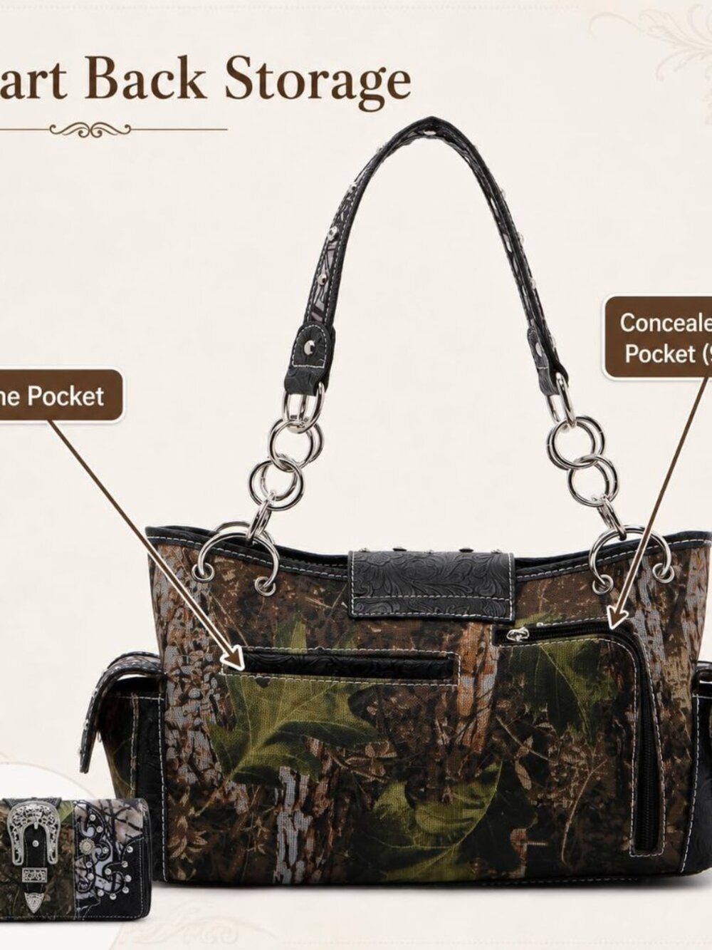 Western Camouflage Purse with Pouch and Wallet Set for Women | Decorative Buckle - Picture 7 of 7